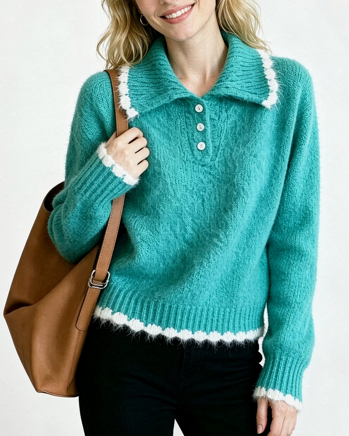 Contrast Trim Knit Polo Sweater | Soft Long Sleeve Pullover