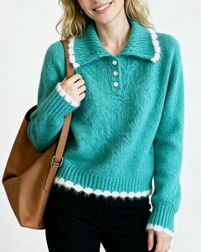 Contrast Trim Knit Polo Sweater | Soft Long Sleeve Pullover