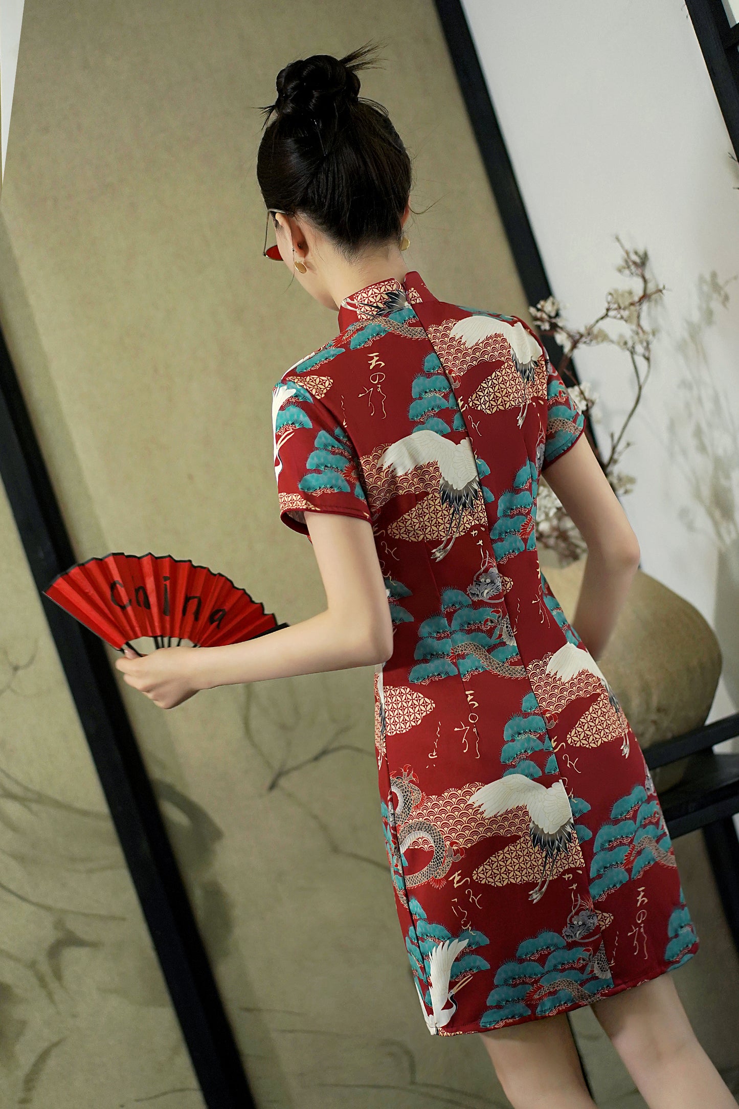 Women's Chinese Cheongsam Print Side Slit Mini Dress