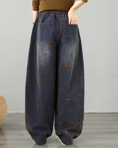 28677-Vintage Brown Star Print Denim Wide Leg Pants with Elastic Waist