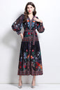 Women's Floral V Neck Lace A-Line Tied Maxi Dress