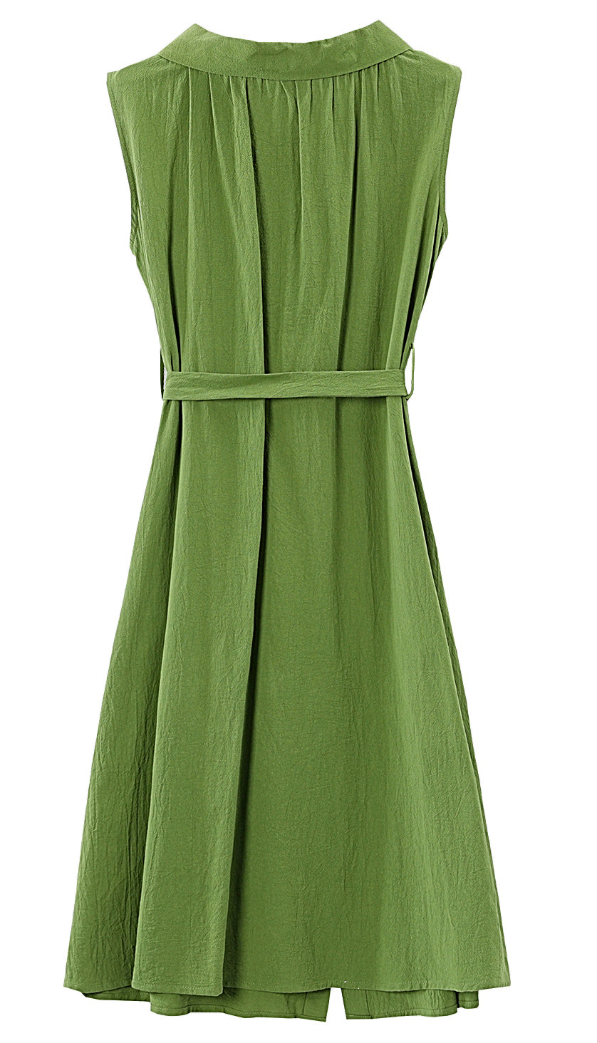 Green Sleeveless Button Front Belted Midi Dress with Pockets