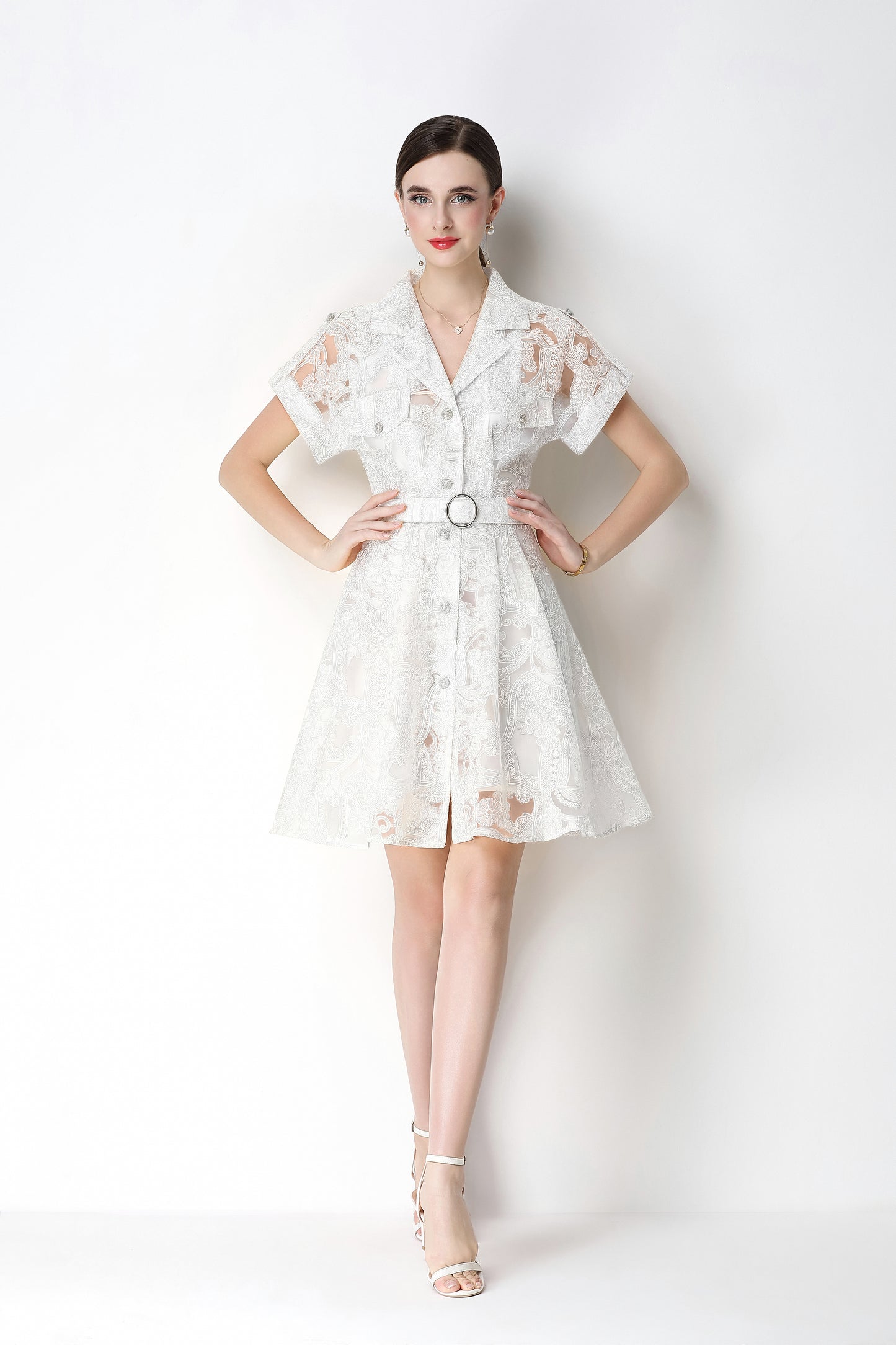 Lvory Lace Belted Shirt Dress With Belts