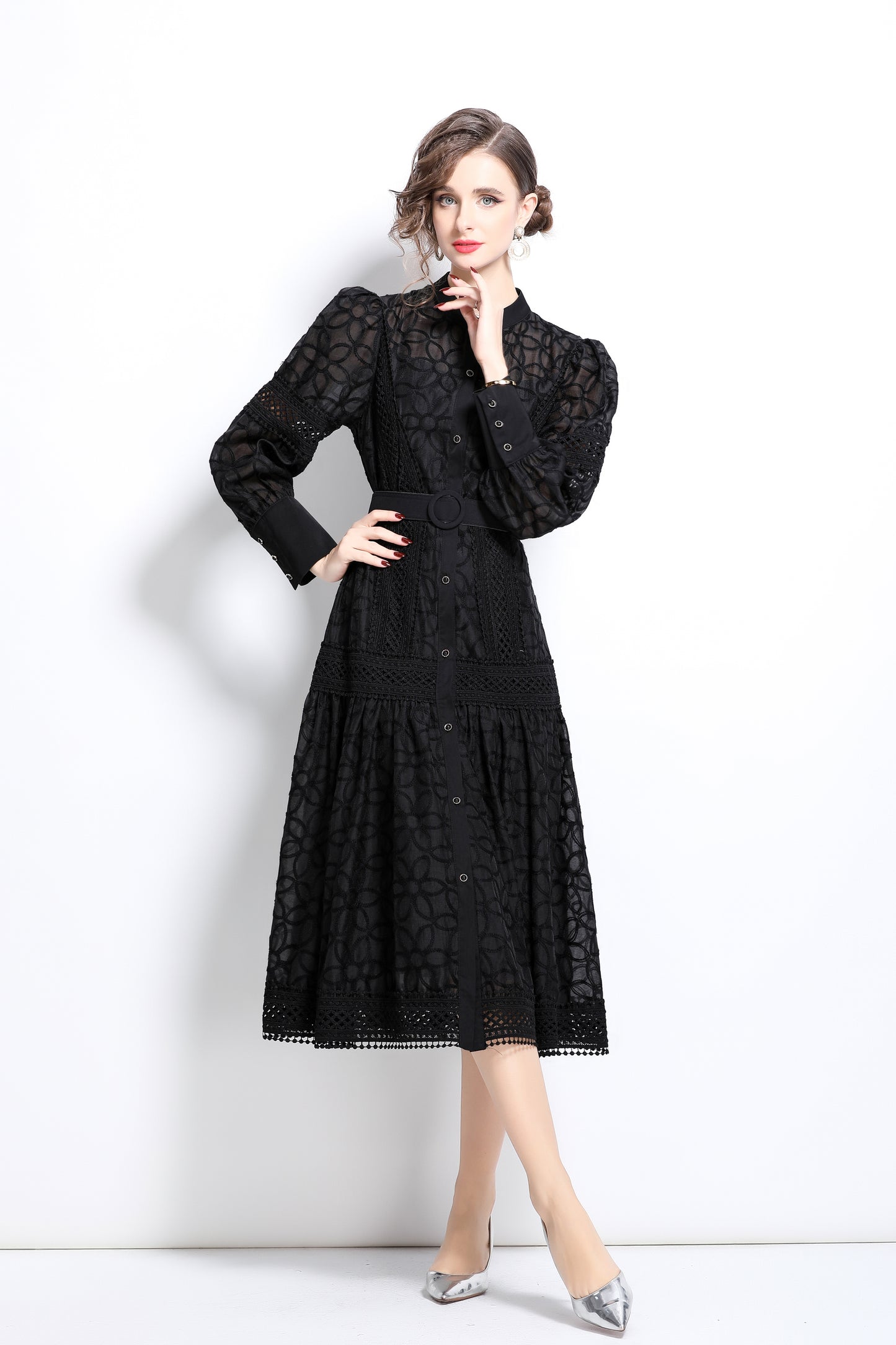 Lantern Sleeves Embroidery Button Midi Dress