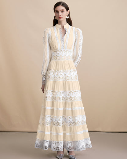Women's Yellow V-Neck Boho Chic Lace Tiered Maxi Dress – LAI MENG FIVE CATS