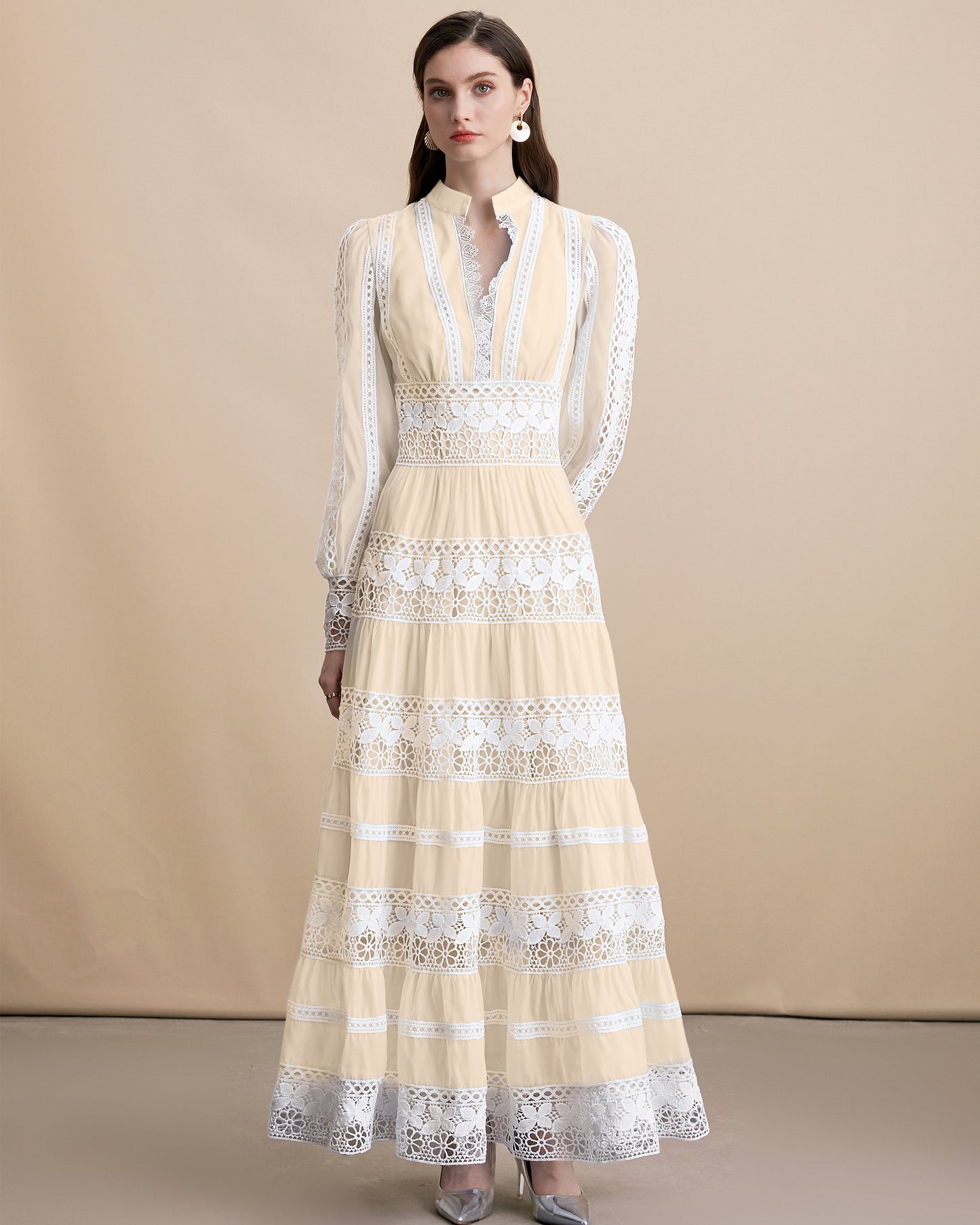 Women's Yellow V-Neck Boho Chic Lace Tiered Maxi Dress
