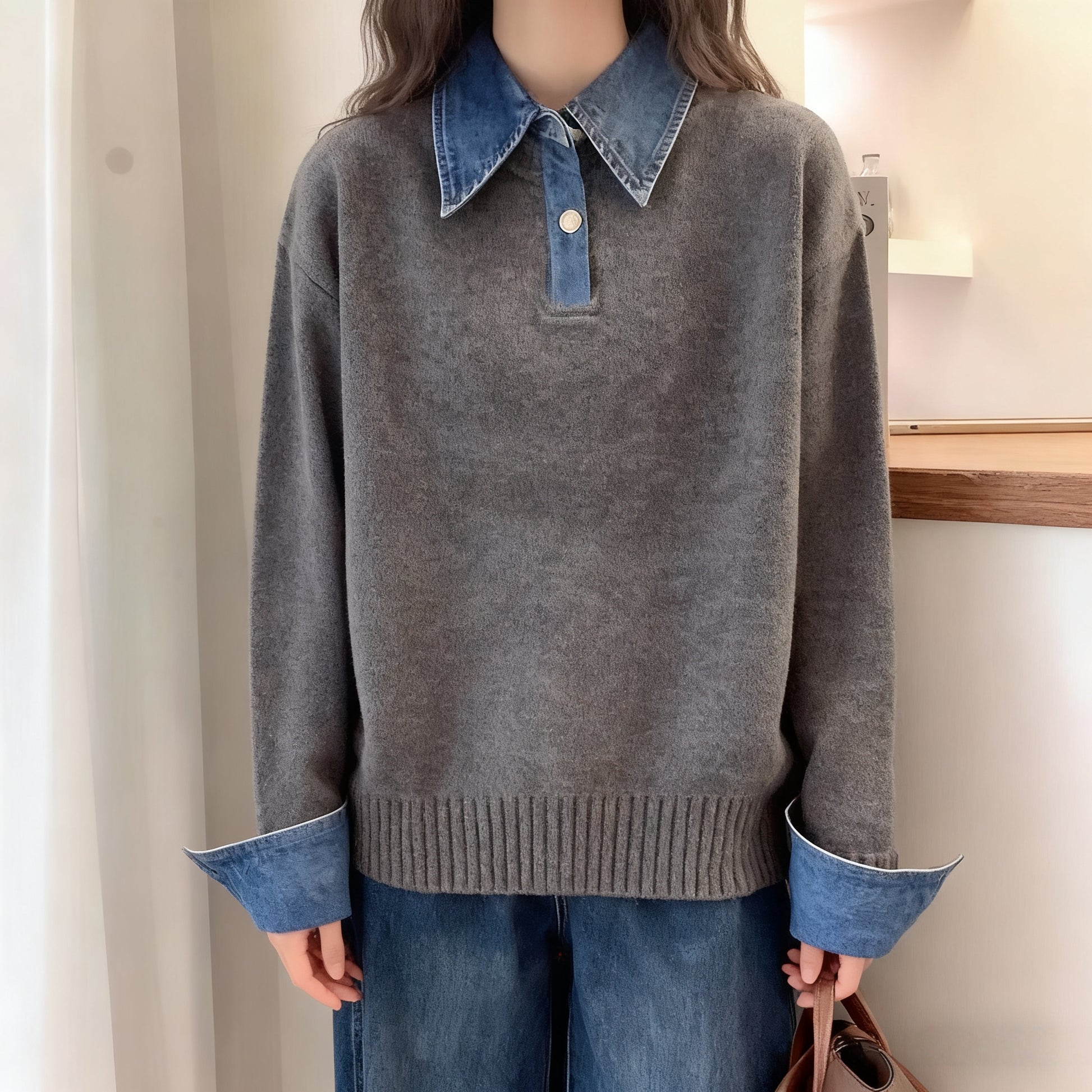 Denim Collar Color-Block Knit Sweater – Faux Two-Piece Long Sleeve Top - LAI MENG FIVE CATS