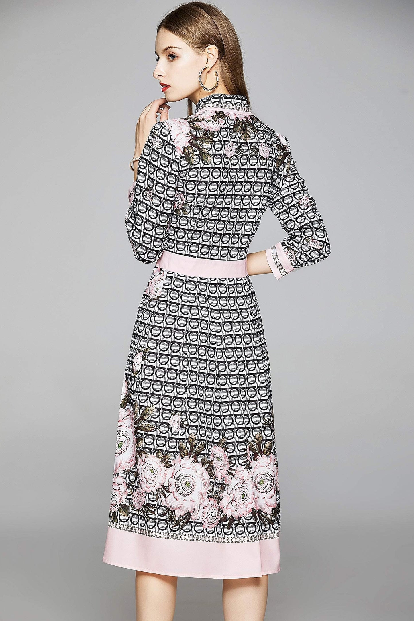 SSY-Women's 3/4 Sleeve Floral Print Button up Midi Dress