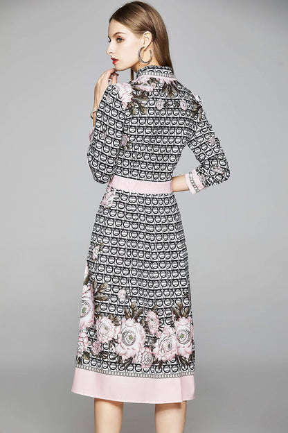 SSY-Women's 3/4 Sleeve Floral Print Button up Midi Dress