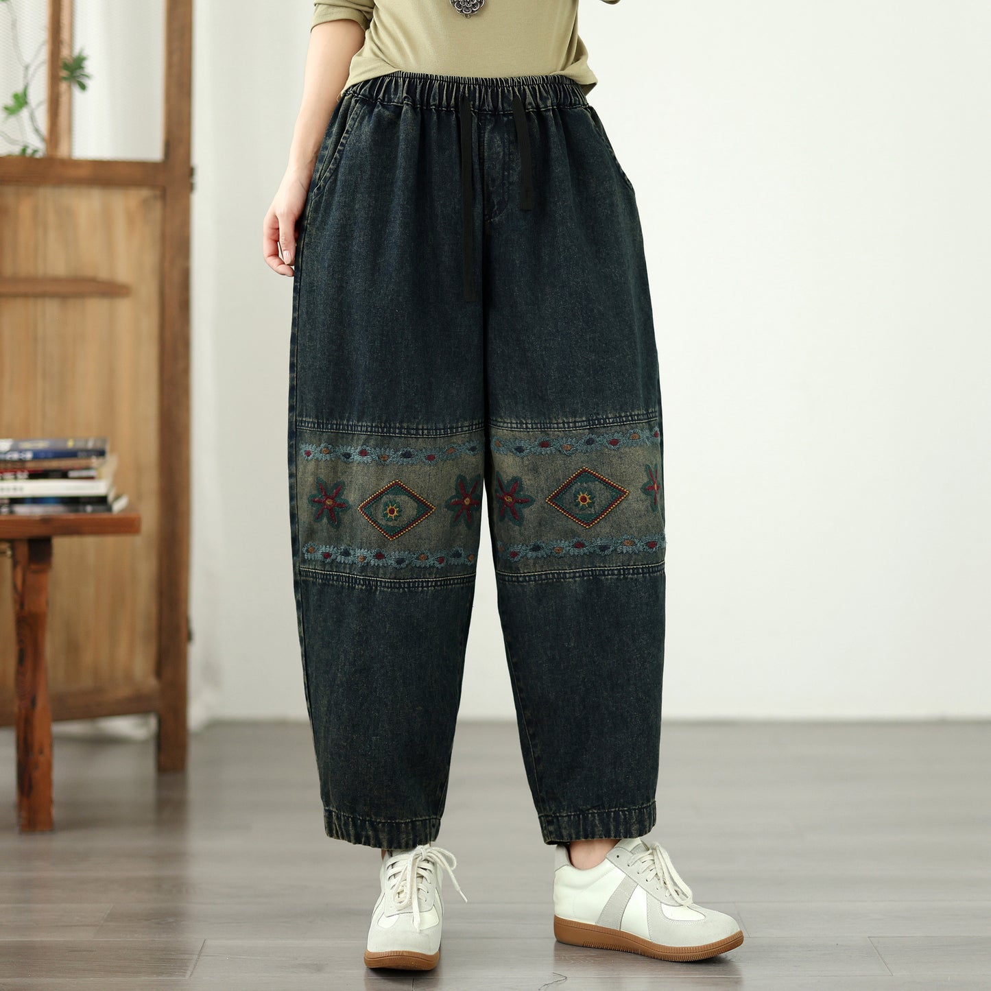 Vintage Ethnic Embroidered Denim Harem Pants