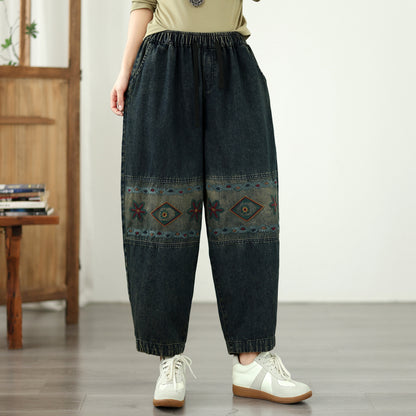 Vintage Ethnic Embroidered Denim Harem Pants