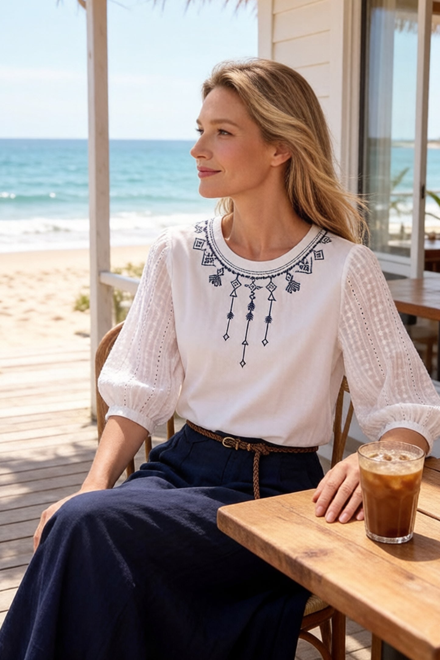 Embroidered Sheer Sleeve Blouse – Elegant 3/4 Sleeve Loose Fit Top