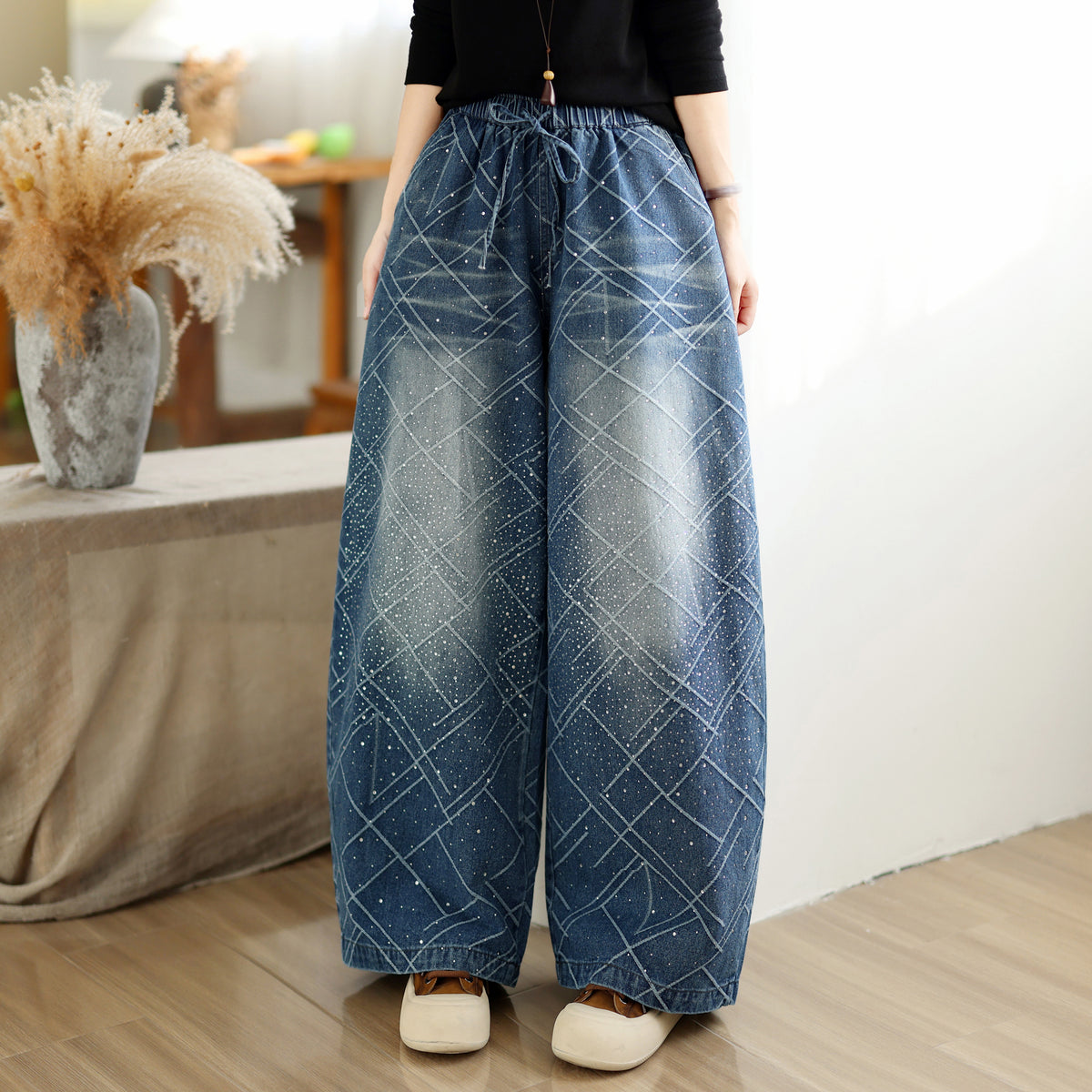 28672-Denim Wide Leg Pants with Diamond Lattice Print & Drawstring Waist