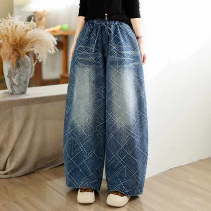 28672-Denim Wide Leg Pants with Diamond Lattice Print & Drawstring Waist