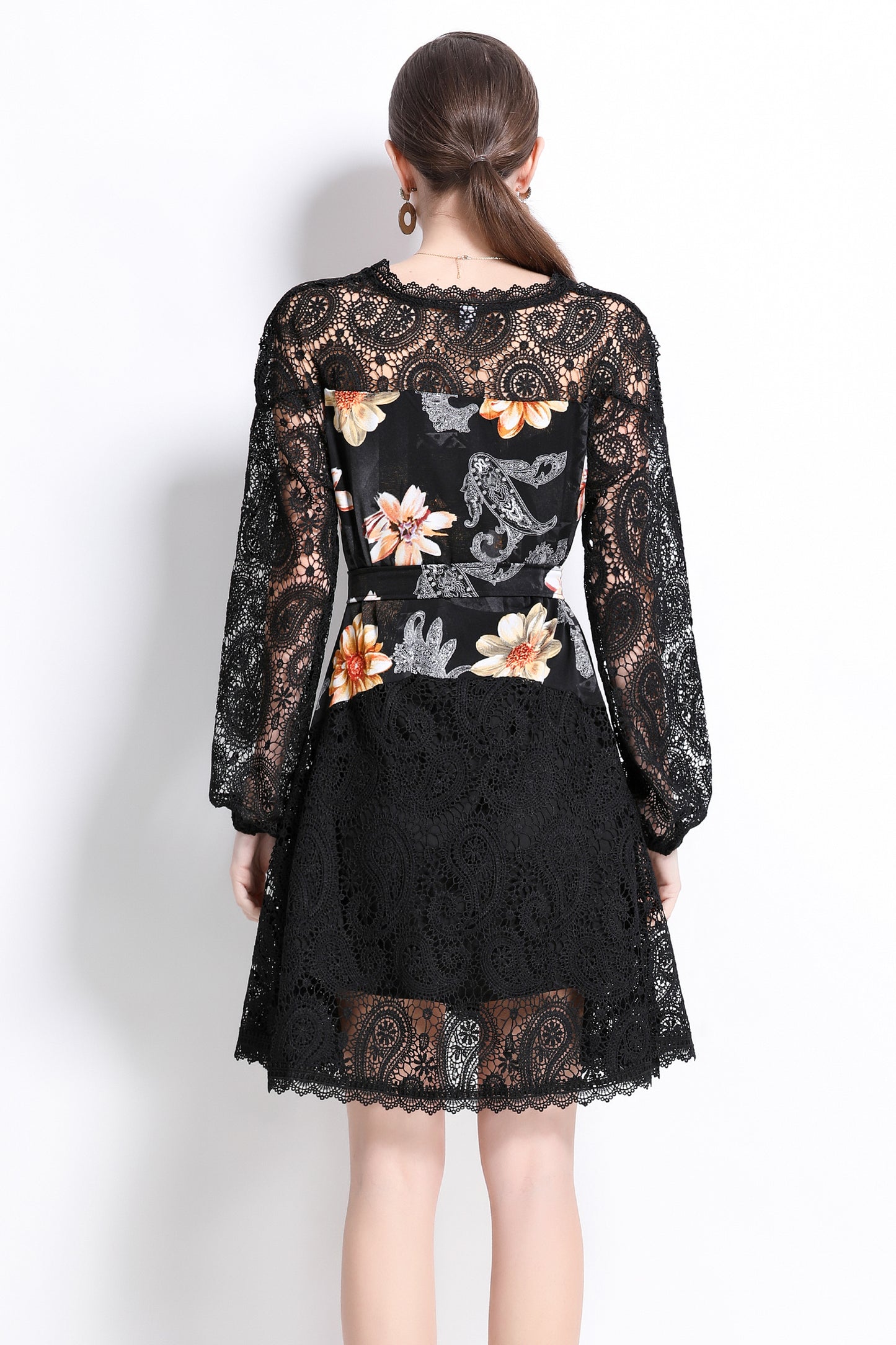 Women's V-Neck Lace Hollow Floral Print Mini Dress