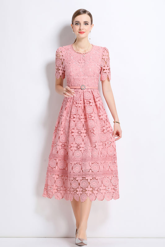Women's Lace Floral Hollow Short Sleeve Midi Dress