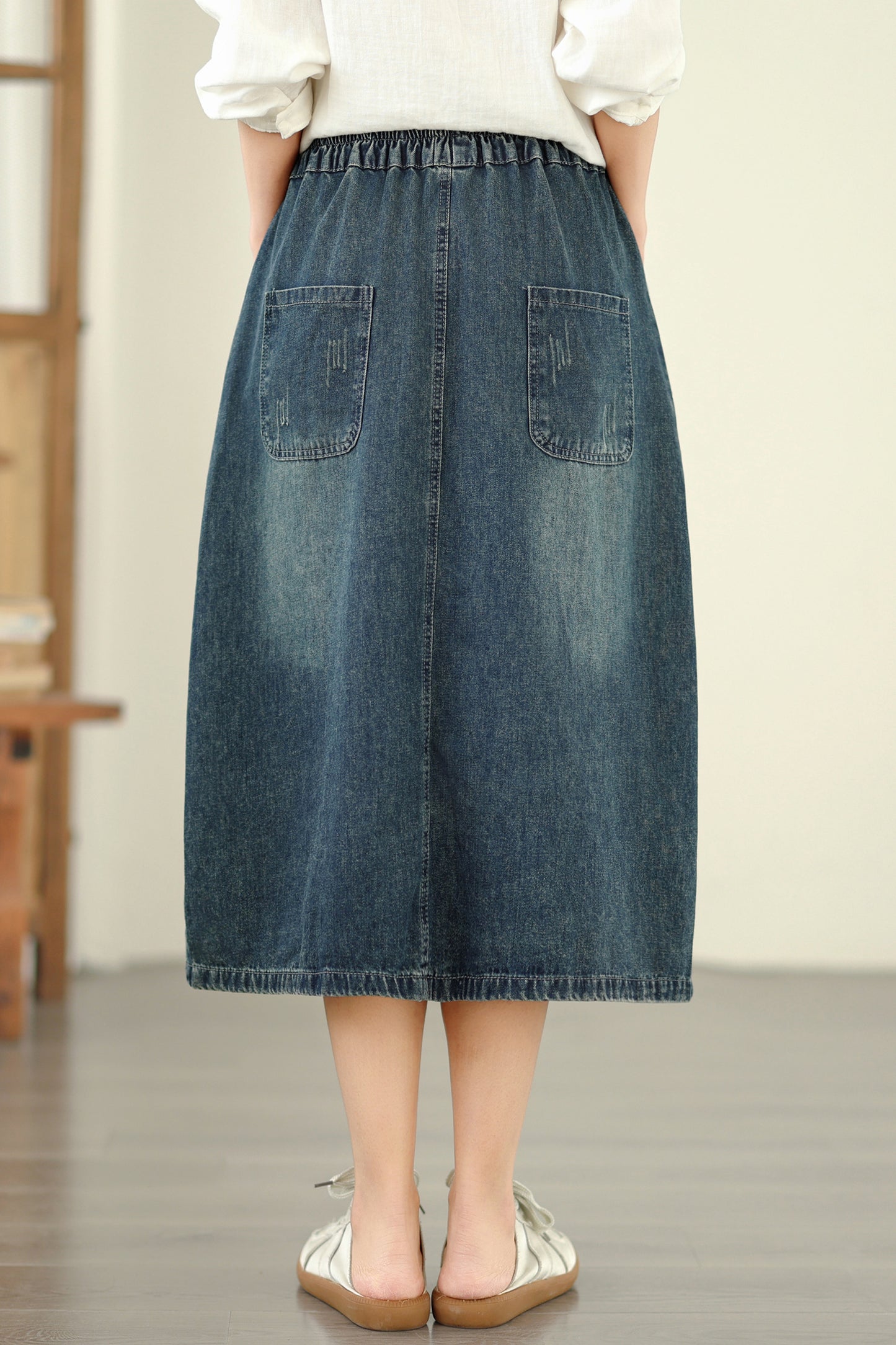 Women's Denim Drawstring Waist Pockets Jean Skirt