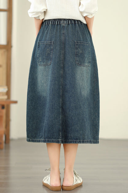 Women's Denim Drawstring Waist Pockets Jean Skirt