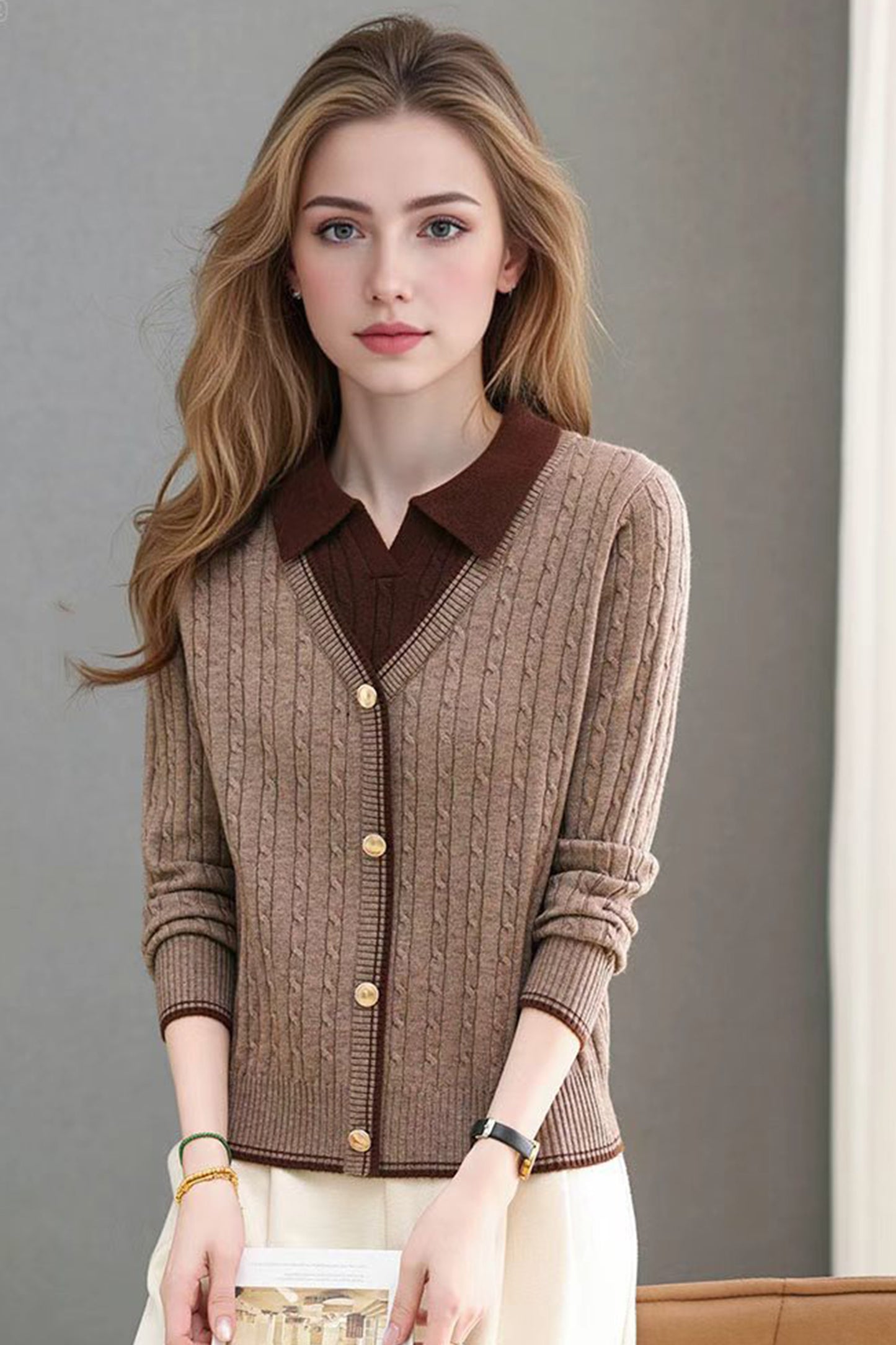 Women's Sweaters Tops Lapel Ribbed Knit Pullover Shirt
