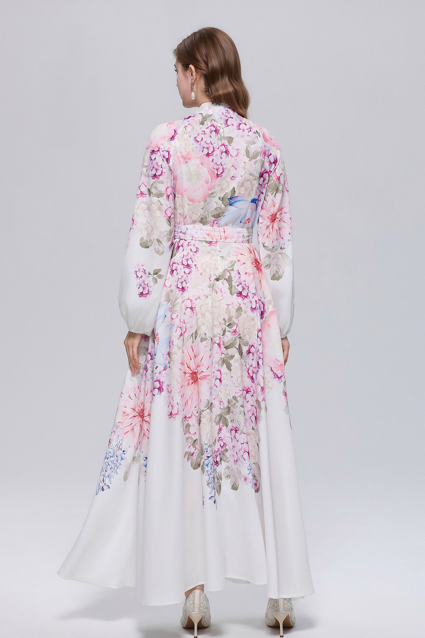 26-Women Floral Print Button Flowy Maxi Belt Dress - LAI MENG FIVE CATS