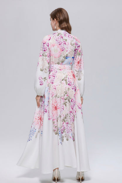 26-Women Floral Print Button Flowy Maxi Belt Dress - LAI MENG FIVE CATS