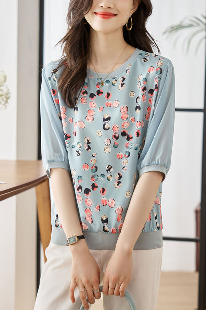 Blue Casual Patchwork Shirt Floral Print Tops