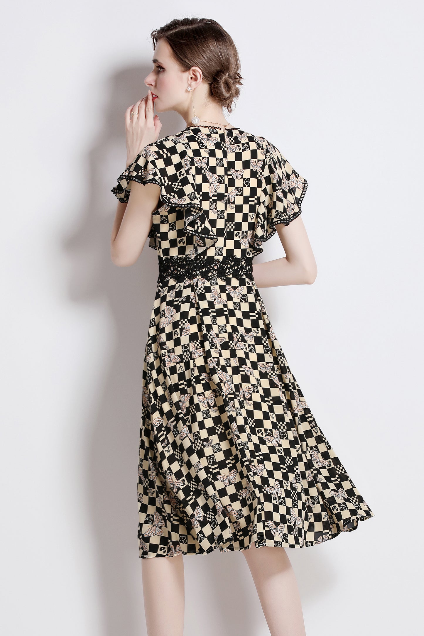 SSY-Women's Boho Floral Ruffle Chiffon Lace Midi Dress