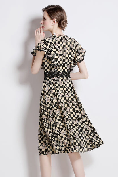 SSY-Women's Boho Floral Ruffle Chiffon Lace Midi Dress