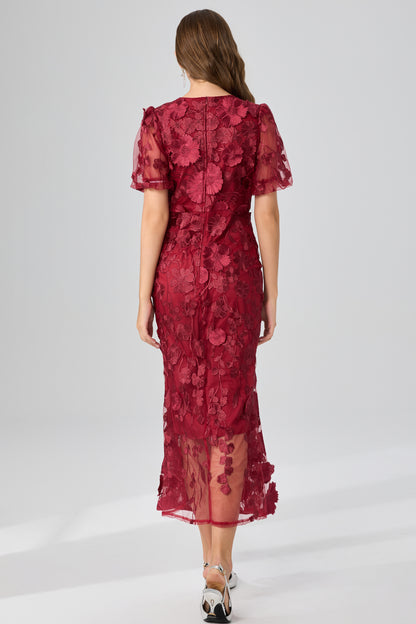 Women's 3D Floral Short Sleeves Fishtail Mesh Maxi Dress