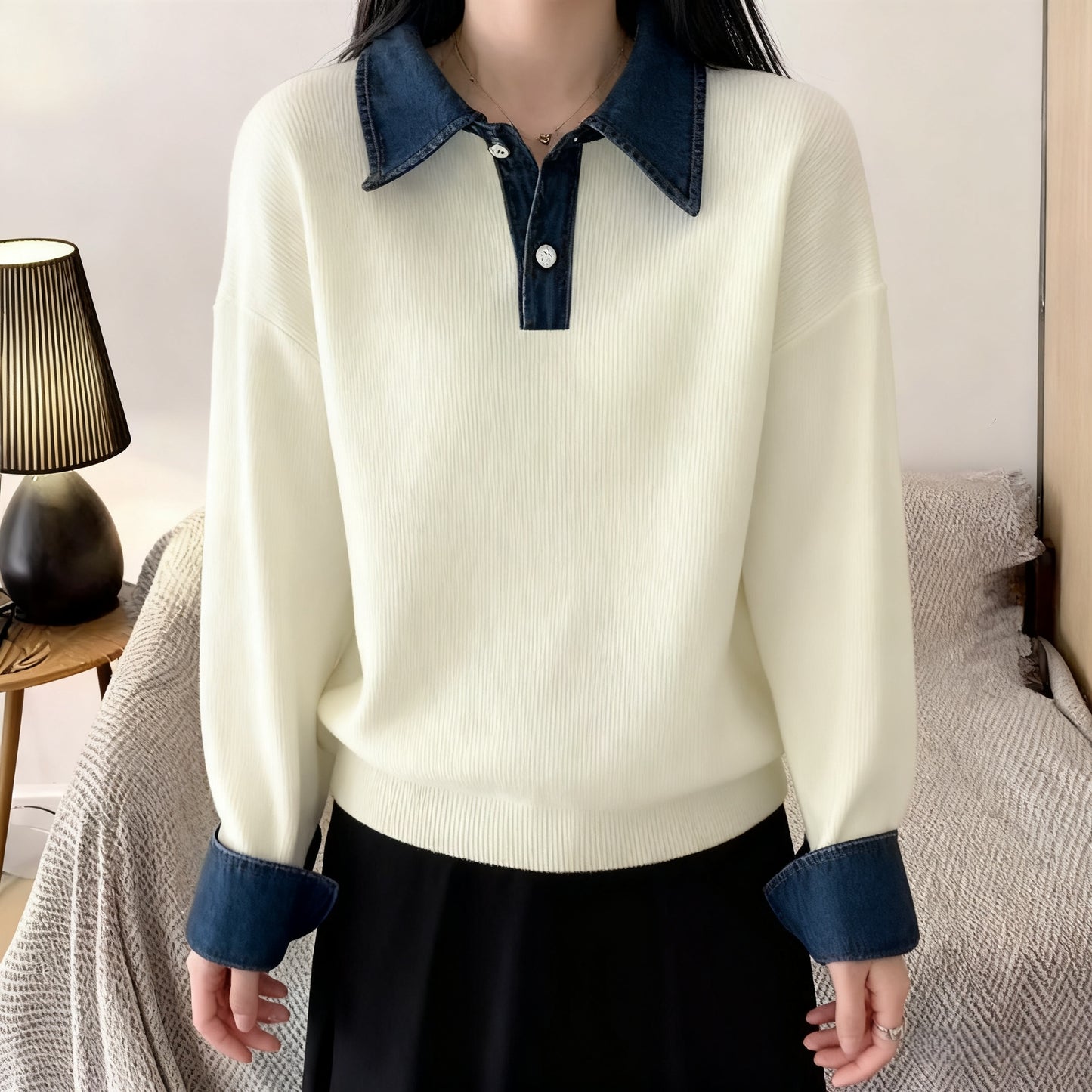 Denim Collar Color-Block Knit Sweater – Faux Two-Piece Long Sleeve Top - LAI MENG FIVE CATS