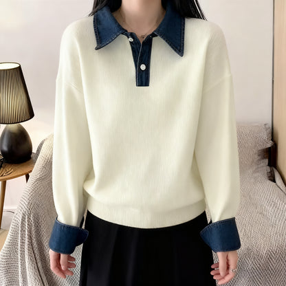 Denim Collar Color-Block Knit Sweater – Faux Two-Piece Long Sleeve Top - LAI MENG FIVE CATS