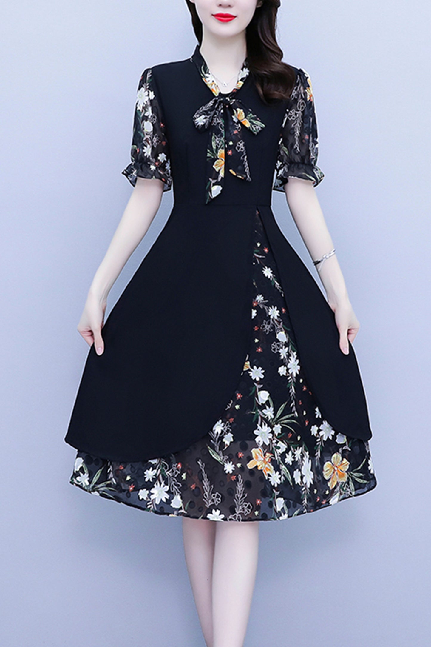 Women's Tie V-Neck Short Sleeve A-line Midi Dress