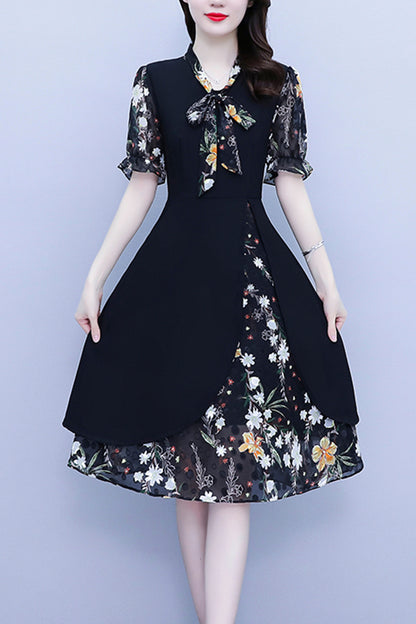 Women's Tie V-Neck Short Sleeve A-line Midi Dress