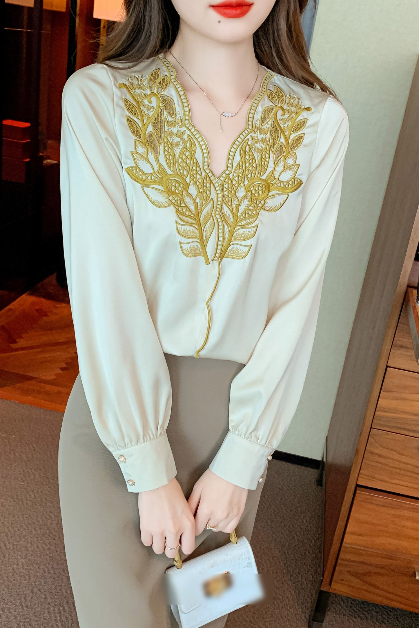 Women's Satin Embroidered Patchwork Shirt