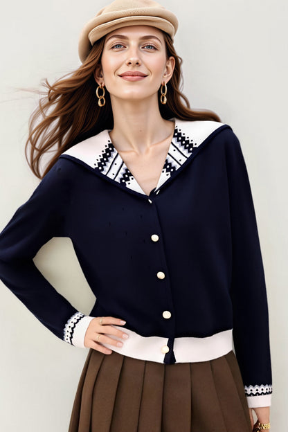 Women's Sailor Collar Long Sleeve Stripe Cardigan Sweater