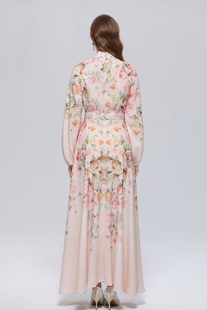 26-Women Floral Print Button Flowy Maxi Belt Dress