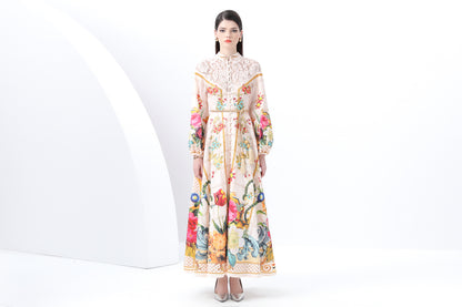 Women's Puff Sleeve Lace Floral Print Maxi Dress