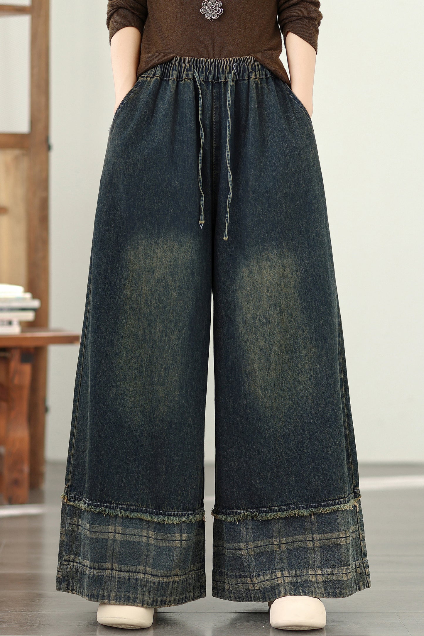 Women's Denim Wide Leg Baggy Jeans Drawstring Waist Pants - LAI MENG FIVE CATS