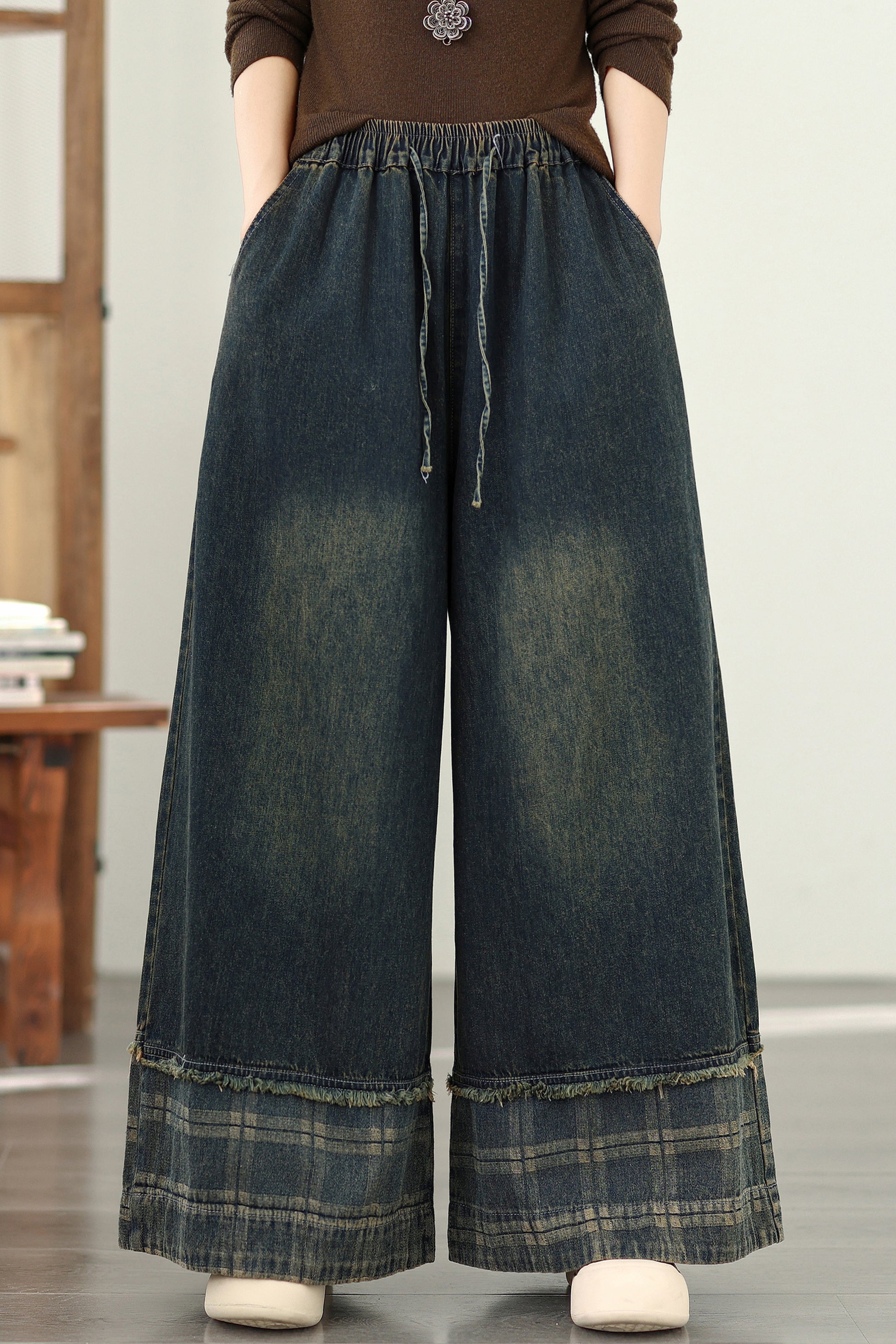 Women's Denim Wide Leg Baggy Jeans Drawstring Waist Pants - LAI MENG FIVE CATS