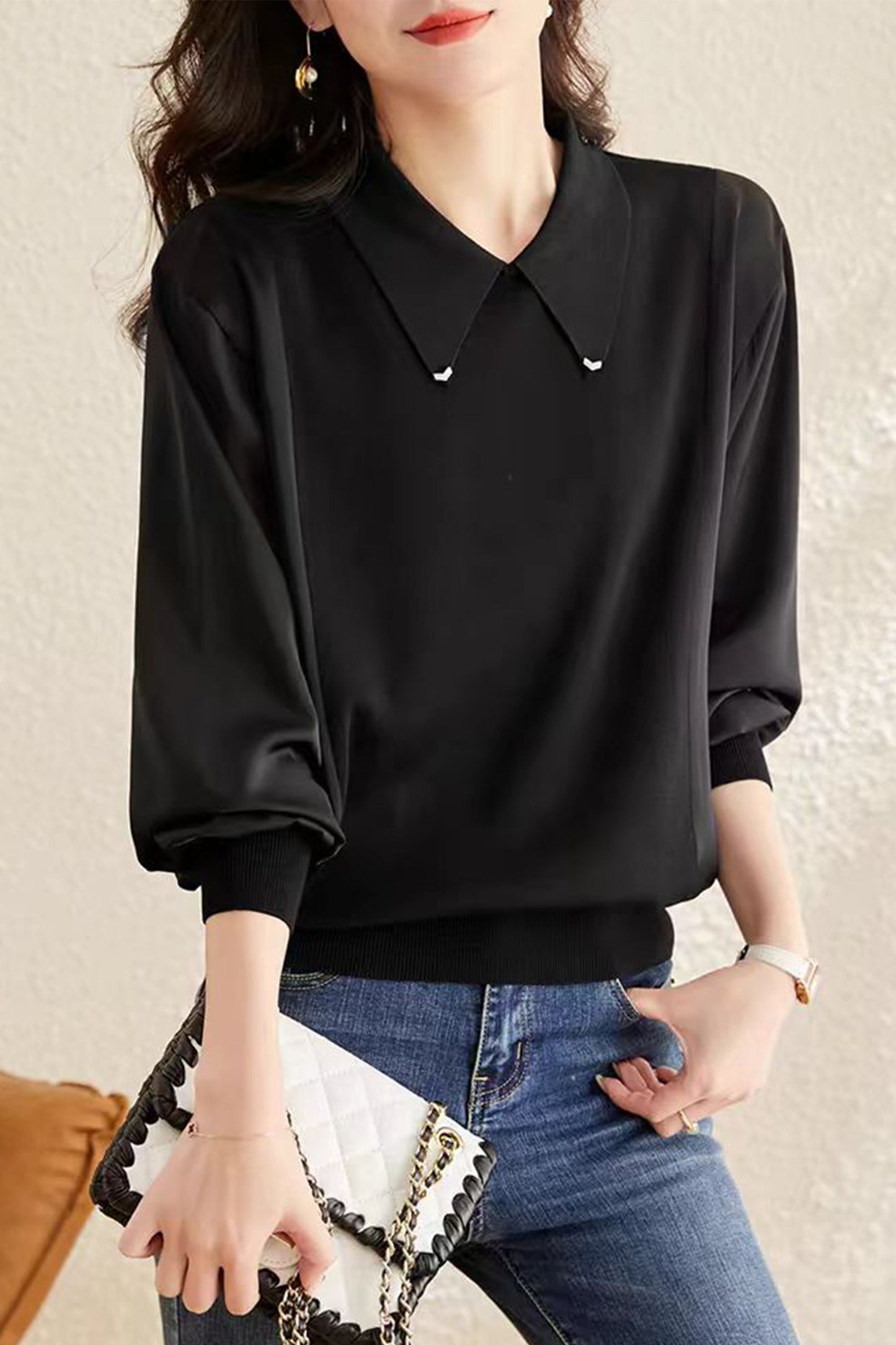 Long Sleeve Lapel Pullover Tops