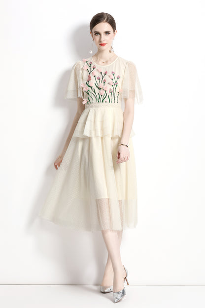 Embroidered Sheer Mesh Flounce Sleeve Overlay Lace Midi Summer Dress