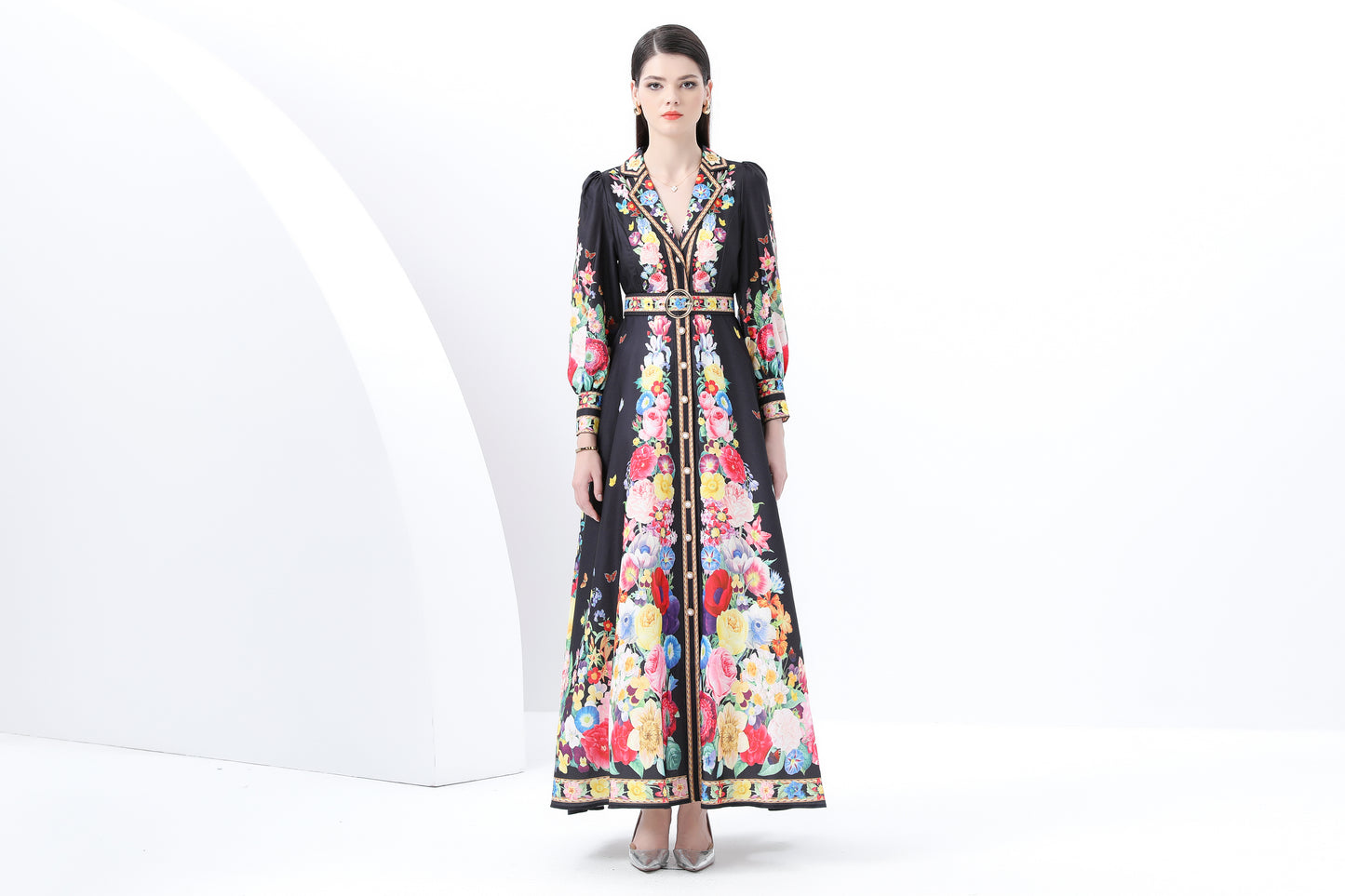 Women's Notch Lapels Puff Sleeve Print Maxi Dress