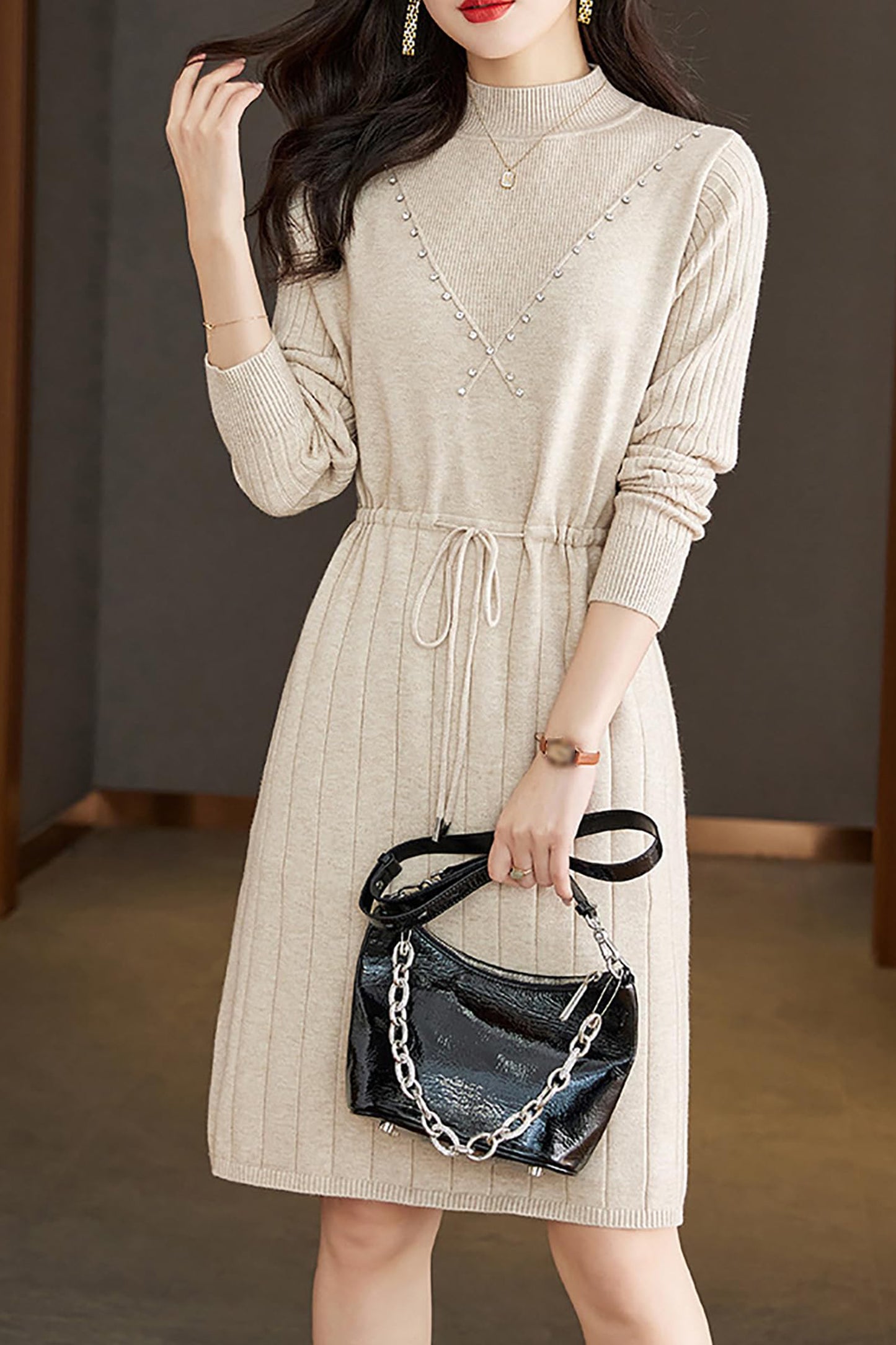 Knit Solid Pullover Mini Dress with Drawstring