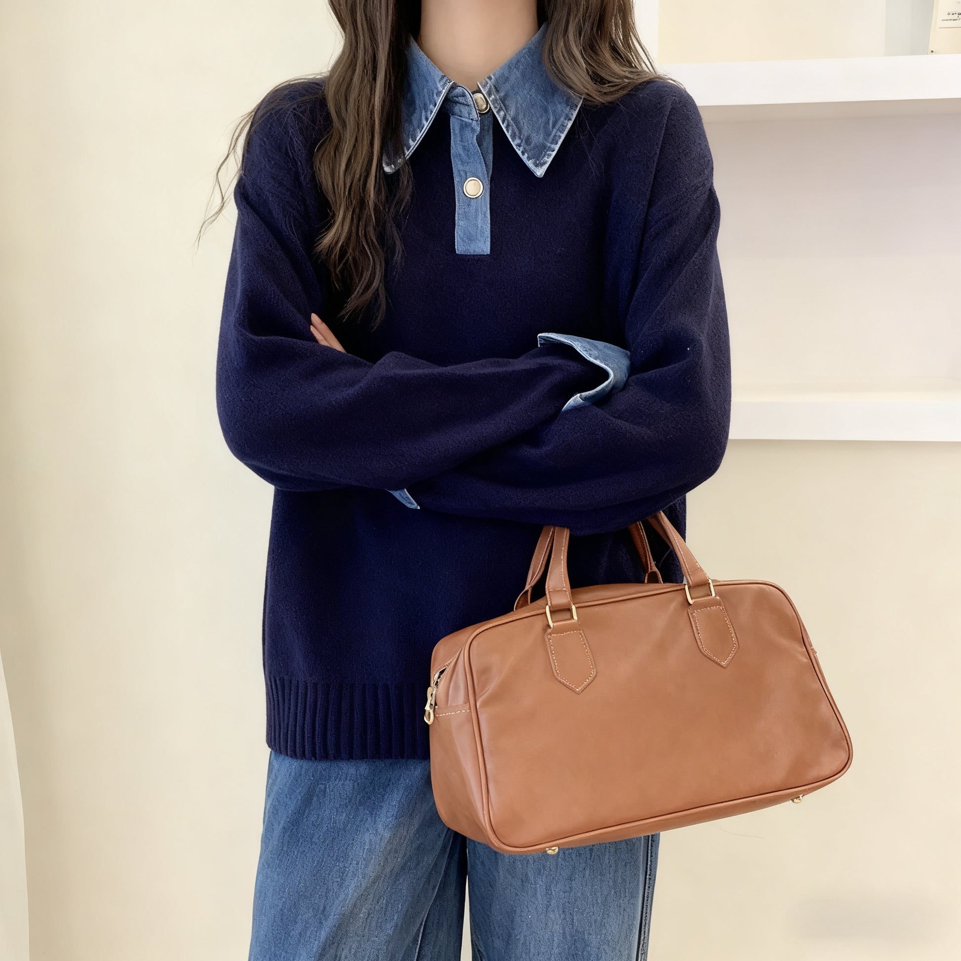 Denim Collar Color-Block Knit Sweater – Faux Two-Piece Long Sleeve Top - LAI MENG FIVE CATS