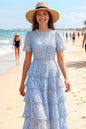 Embroidered Mesh Short Sleeve Tiered Layed Maxi Dress