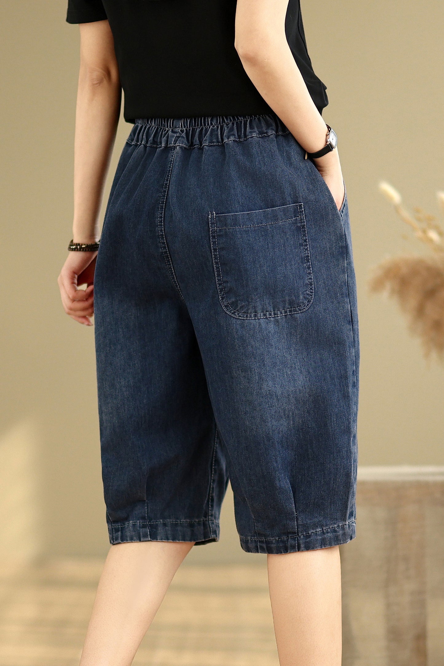 Women Denim Jeans Elastic Waist Harem Short Pants