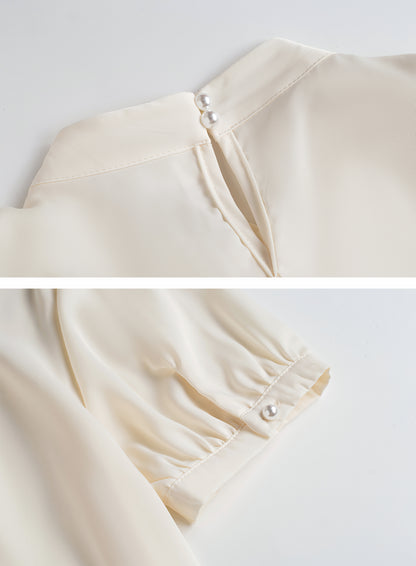 Ivory Satin Rose Blouse – Elegant Puff Sleeve Bow Detail Top
