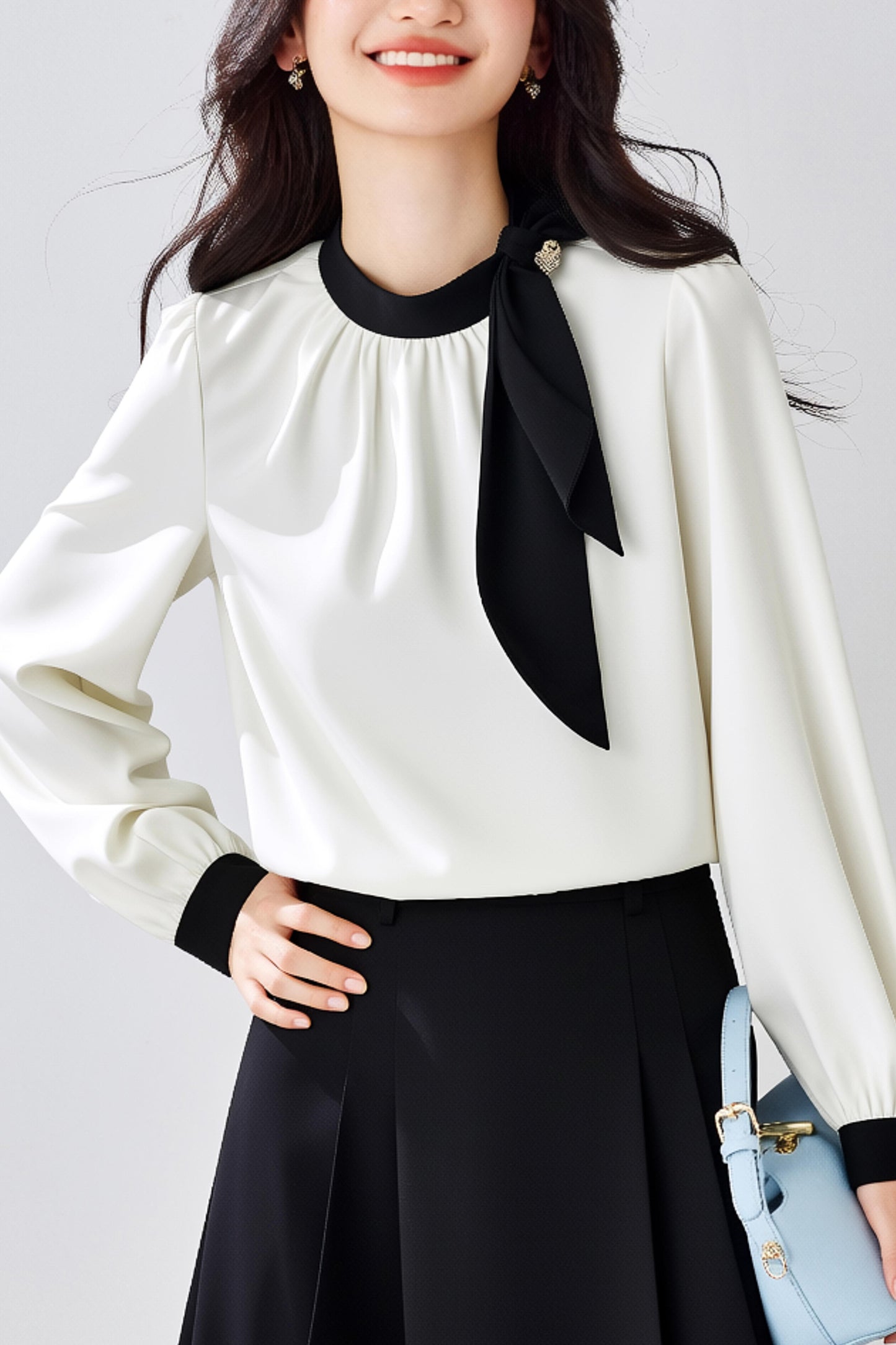 Women's Silk Satin Shirt Tie Neck Long Sleeve Top - LAI MENG FIVE CATS