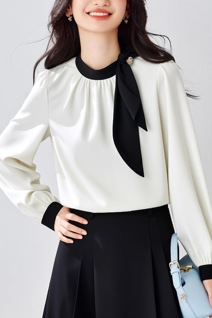 Women's Silk Satin Shirt Tie Neck Long Sleeve Top - LAI MENG FIVE CATS