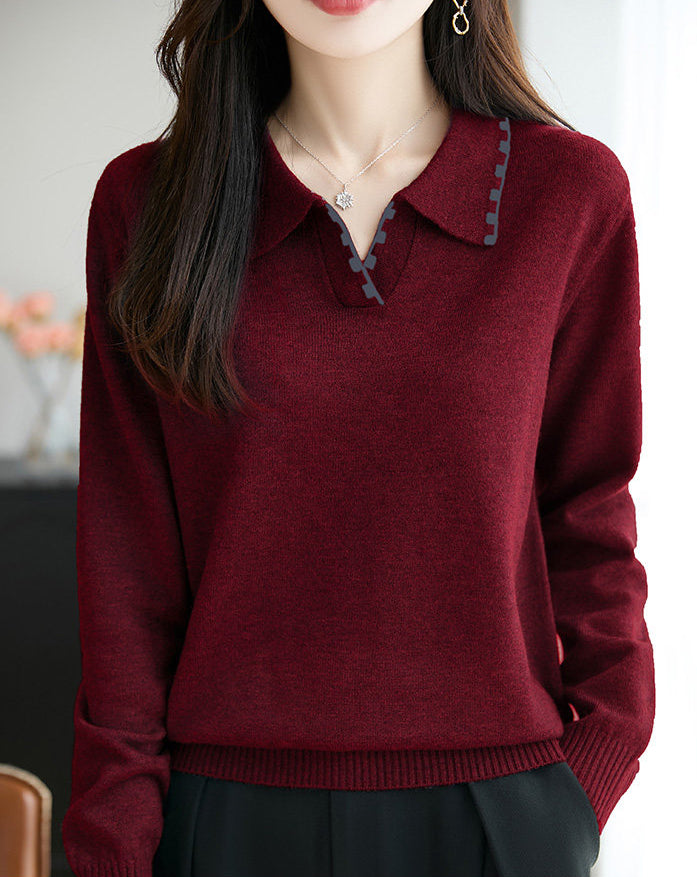 Elegant Contrast Trim Collared V-Neck Long Sleeve Knit Sweater